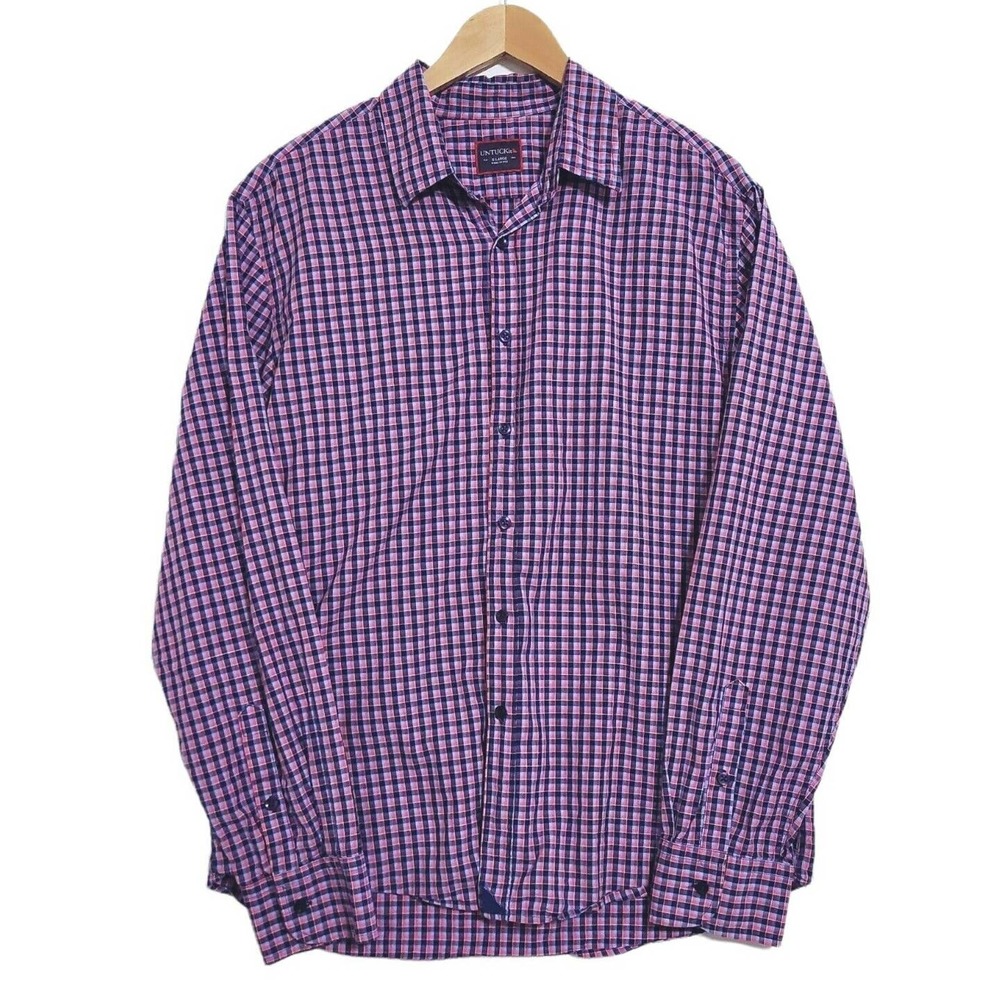 UNTUCKit Mens SIZE XL Navy Pink Plaid Check Gingham Long Sleeve Shirt Button Up